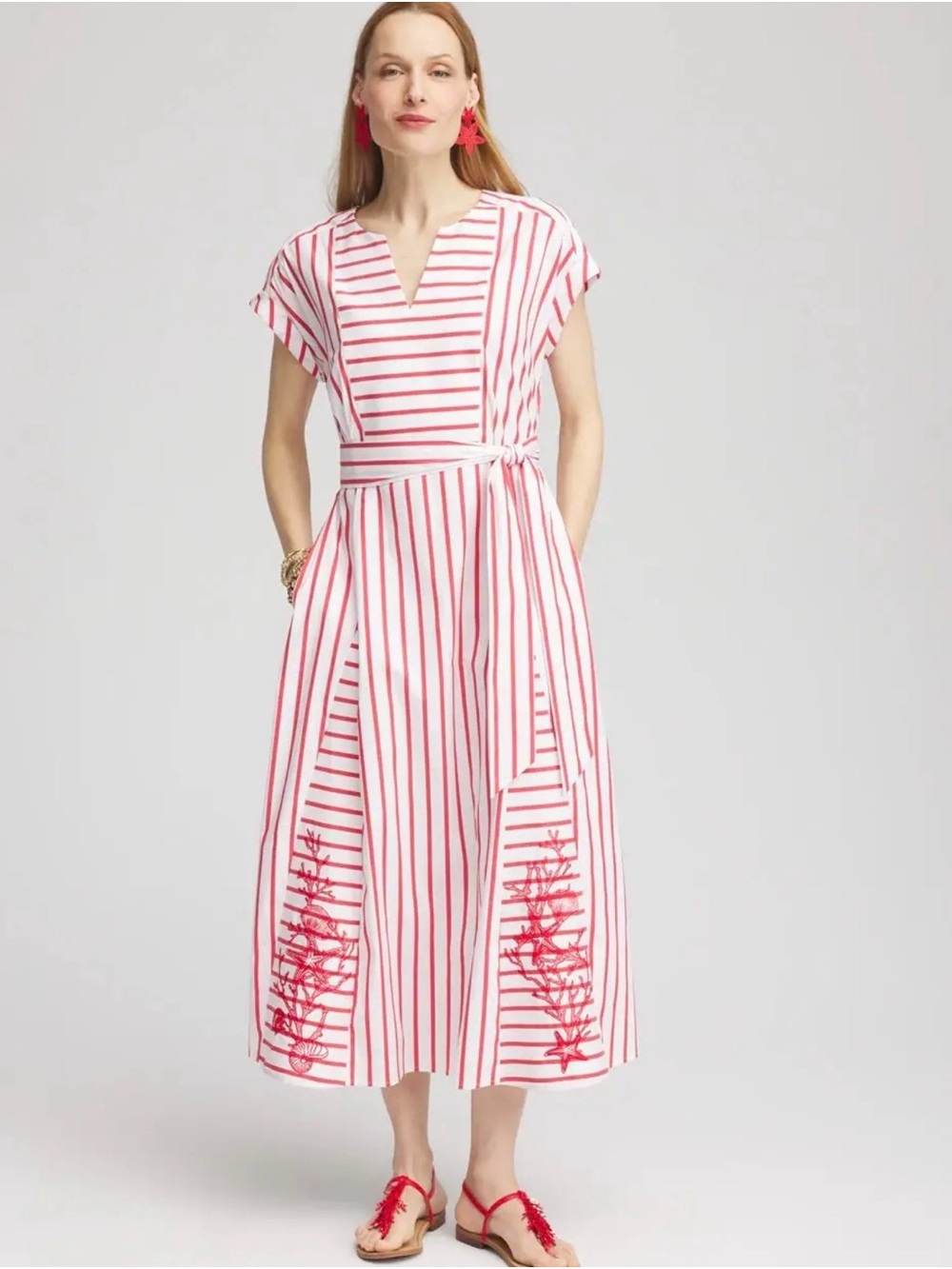 Chico's Red White Striped Nautical Midi Dress Size 2 (US 12) Coral Embroidered